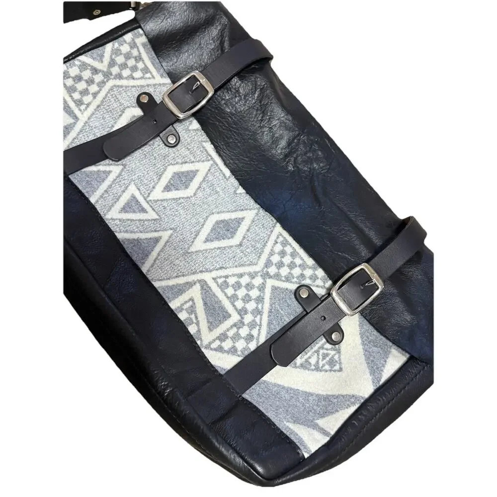 Mens Large Leather & Wool Messenger Bag Crossbody Briefcase Travel Gray Black